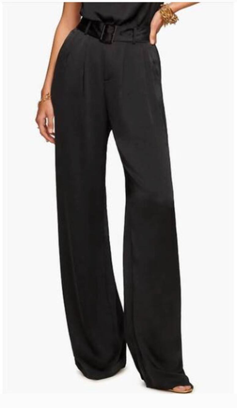 Ramy Brook Amaya Belted Satin Pants Black Pleated Wide Leg High Rise Size 12 New